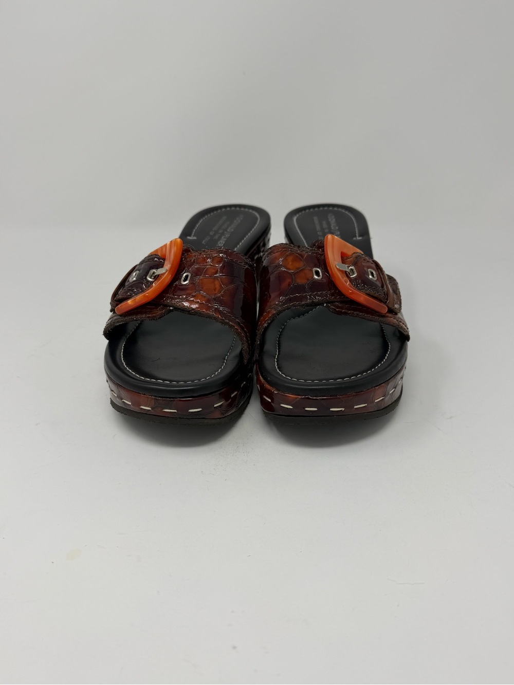 Donald J Pliner Wedge Platform Sandals Croc Embossed Leather and Coral Buckle - Picture 4 of 10
